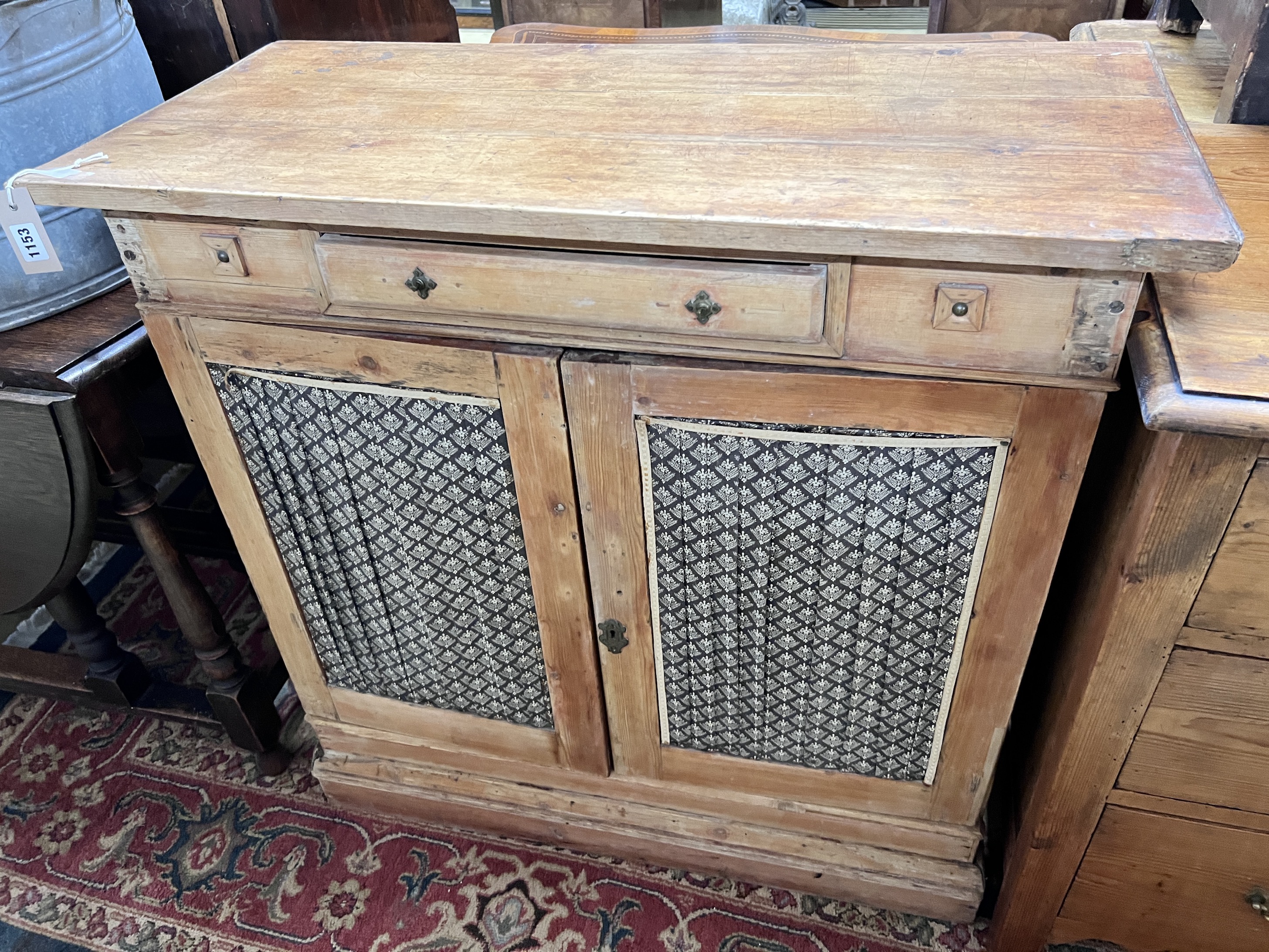 An Edwardian pine side cabinet, width 92cm depth 42cm height 90cm